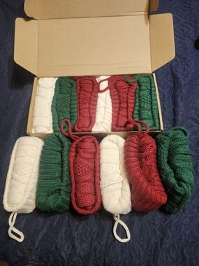 Set of 12 Knitted Stockings Burgandy, Green, White